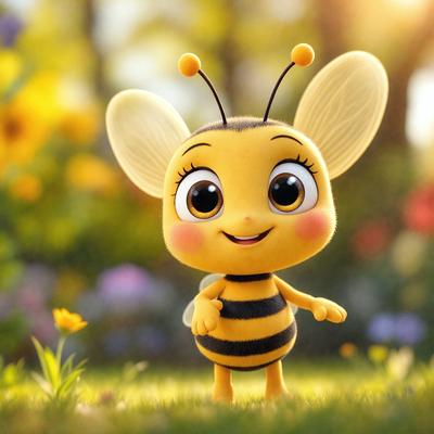 The primary subject of the image is a small, cute, and colorful cartoon bee. The bee is standing in a field of flowers, which serves as the setting and background of the scene. The visual style of the image is a combination of photo and digital art, creating a vibrant and lively atmosphere. The colors and mood of the image are predominantly cheerful and playful, with the bee's bright yellow and black colors contrasting beautifully against the backdrop of the flowers.